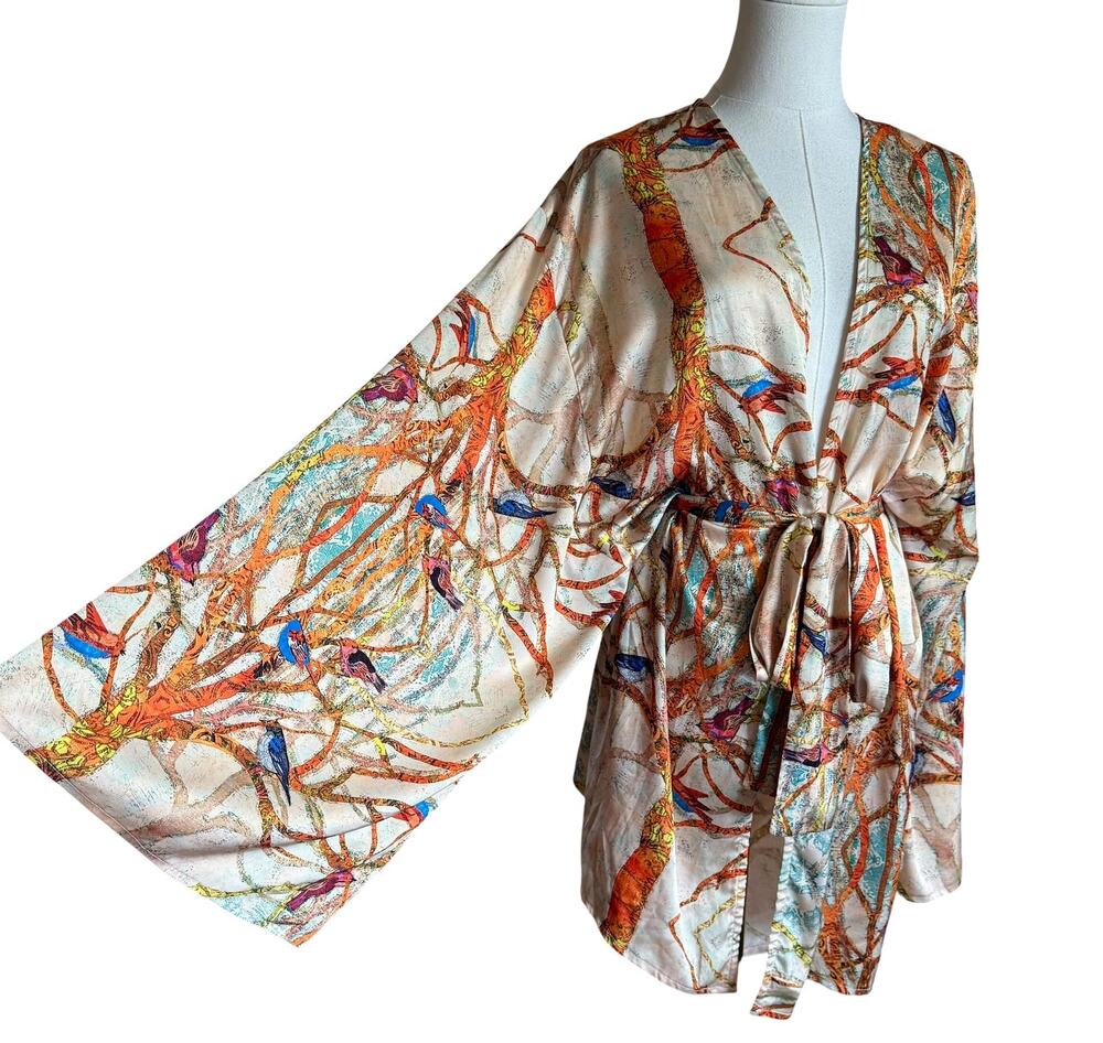 Chic Le Frique Satin Kimono Wrap Top Shorts Set Bird Print Resort Lounge S/M